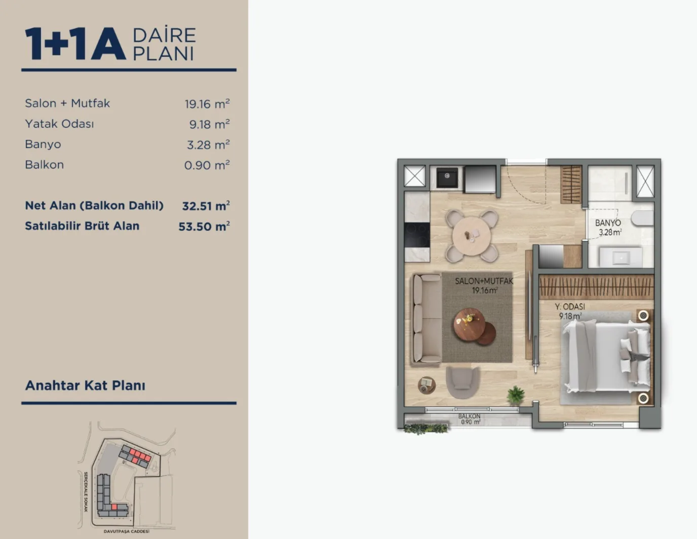 Davutpaşa, Topkapı — 1+1 and 2+1 Residences with Offices — 1+1 Type A