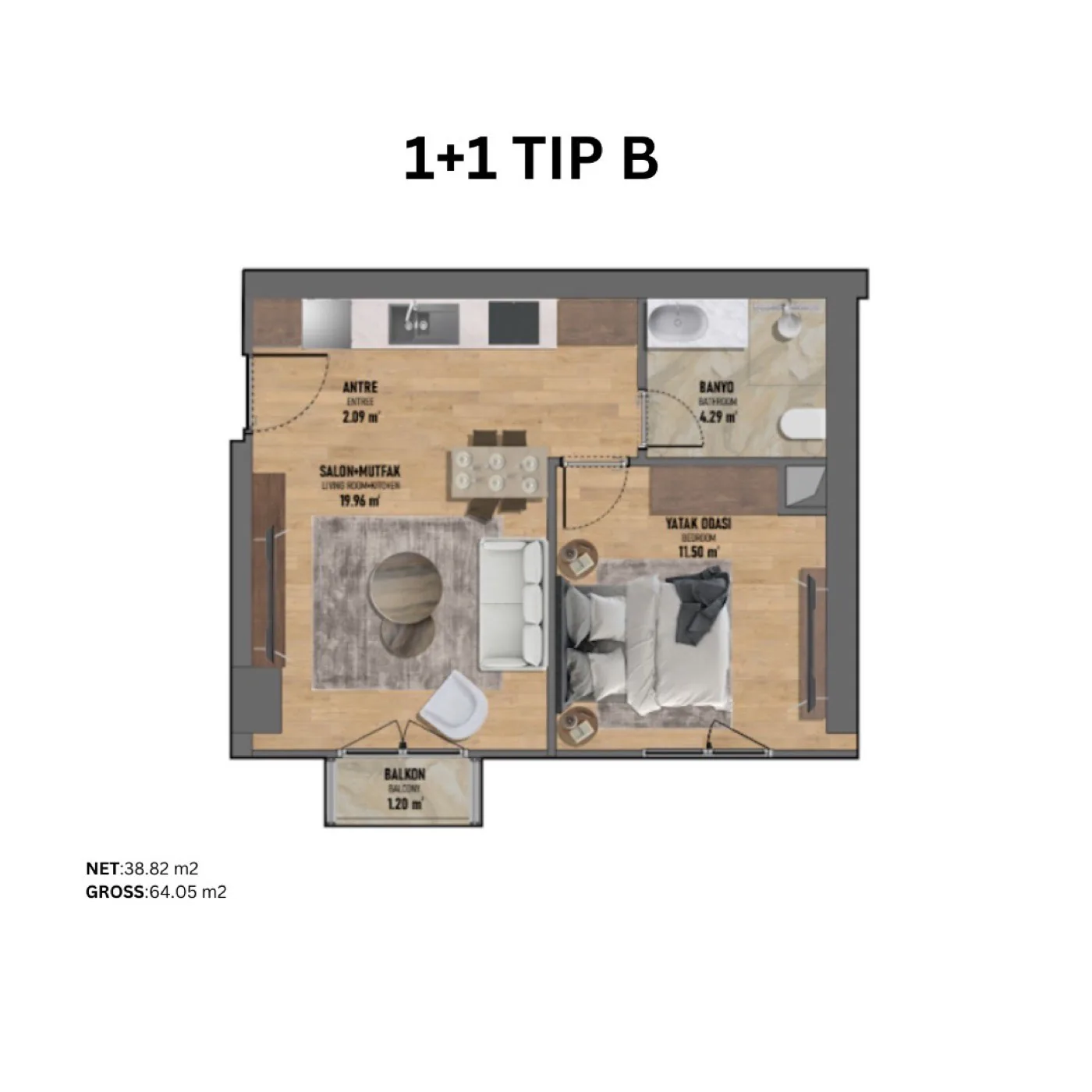 فكرتبه، كاديكوي — شقق من 1+1 إلى 3+1 — 1+1 نوع B
