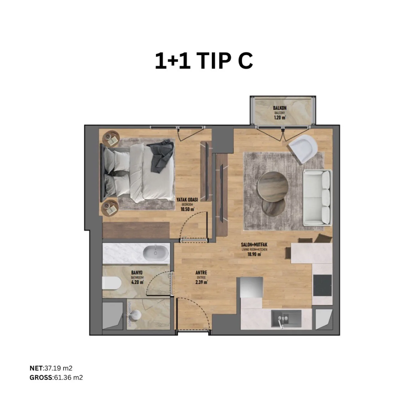 فكرتبه، كاديكوي — شقق من 1+1 إلى 3+1 — 1+1 نوع C