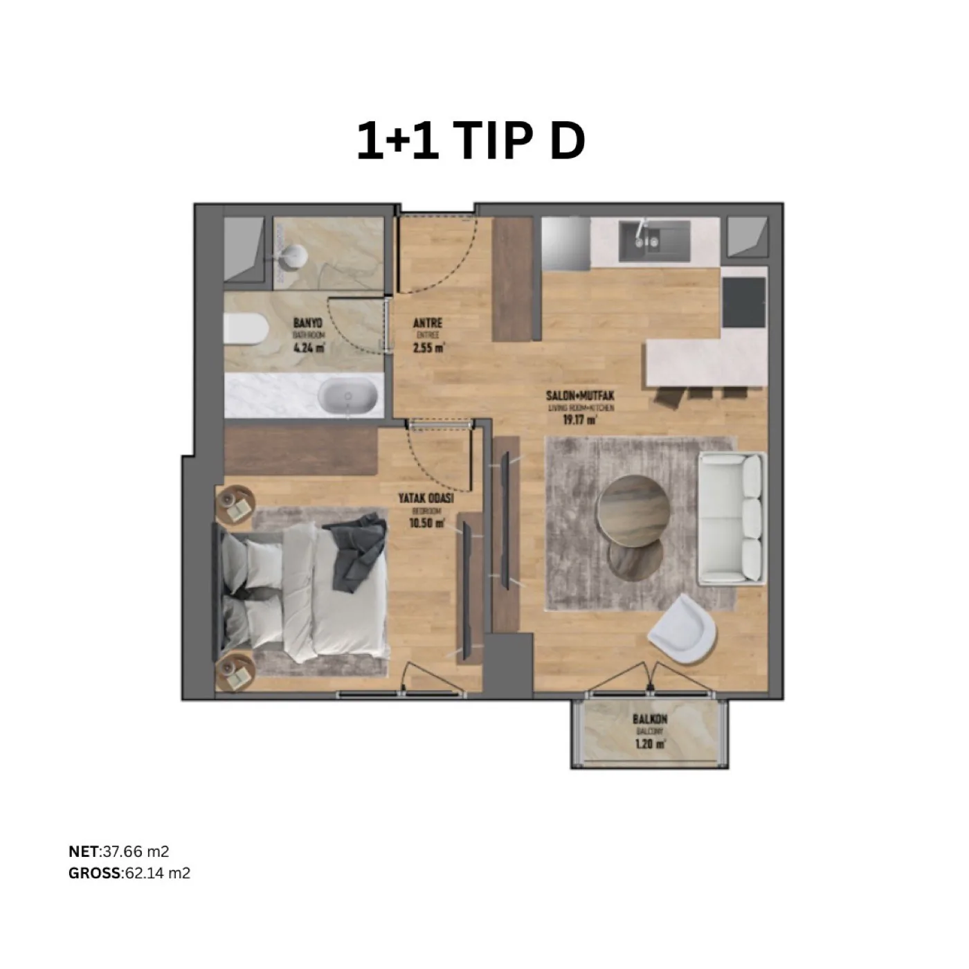 فكرتبه، كاديكوي — شقق من 1+1 إلى 3+1 — 1+1 نوع D