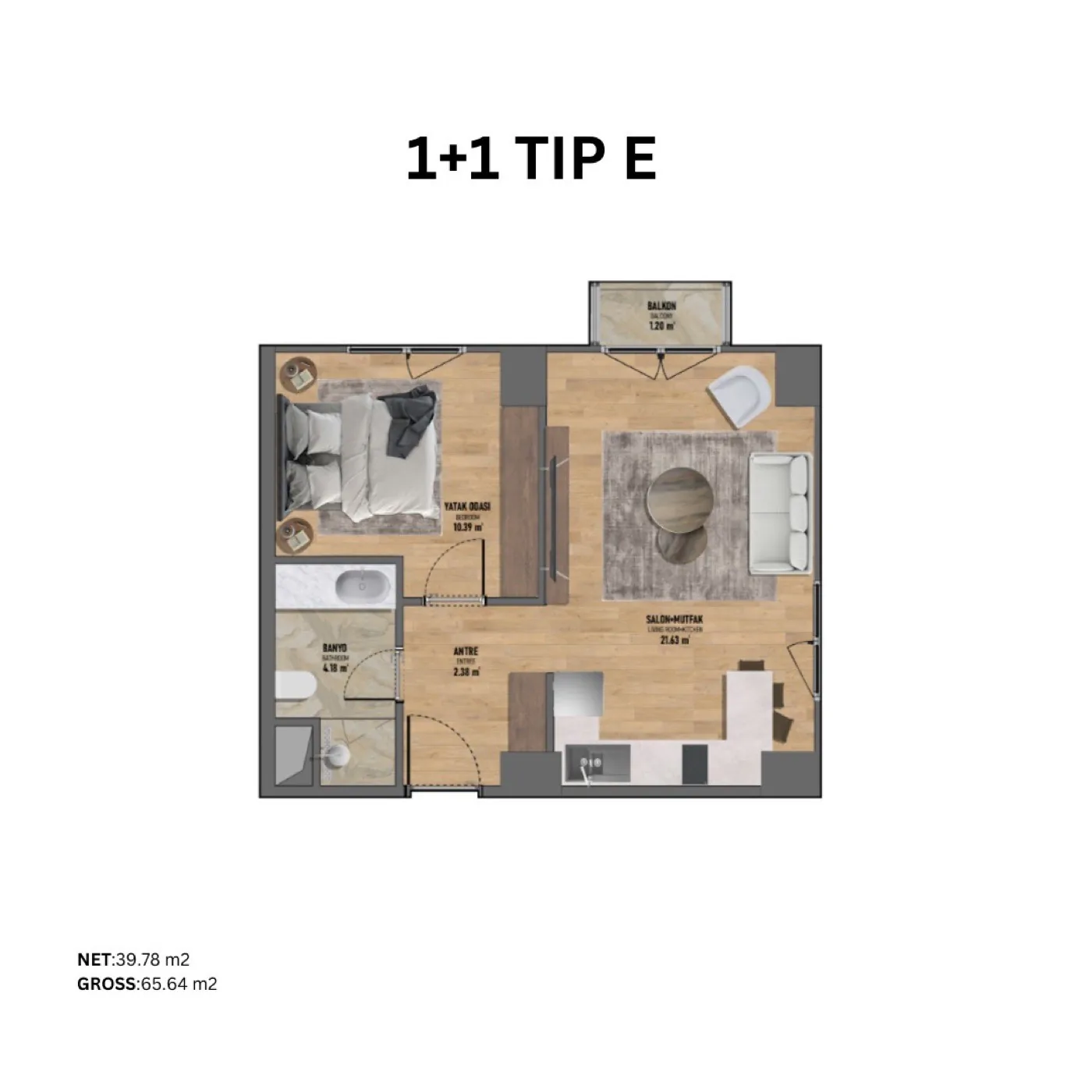 فكرتبه، كاديكوي — شقق من 1+1 إلى 3+1 — 1+1 نوع E