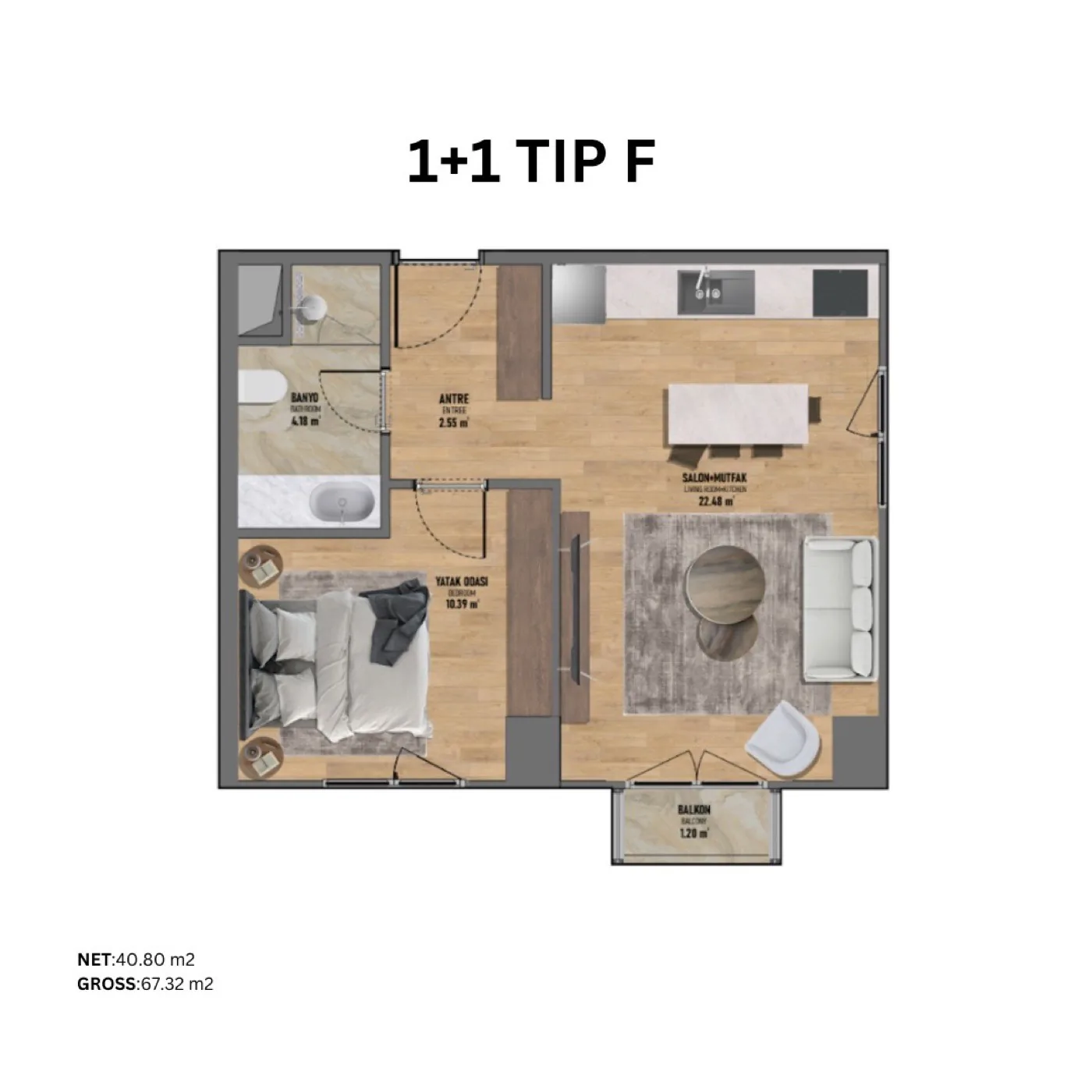 فكرتبه، كاديكوي — شقق من 1+1 إلى 3+1 — 1+1 نوع F