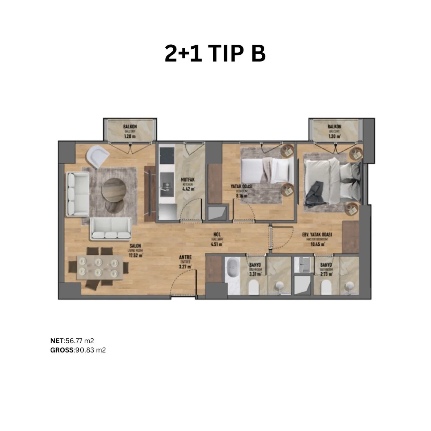 فكرتبه، كاديكوي — شقق من 1+1 إلى 3+1 — 2+1 نوع B