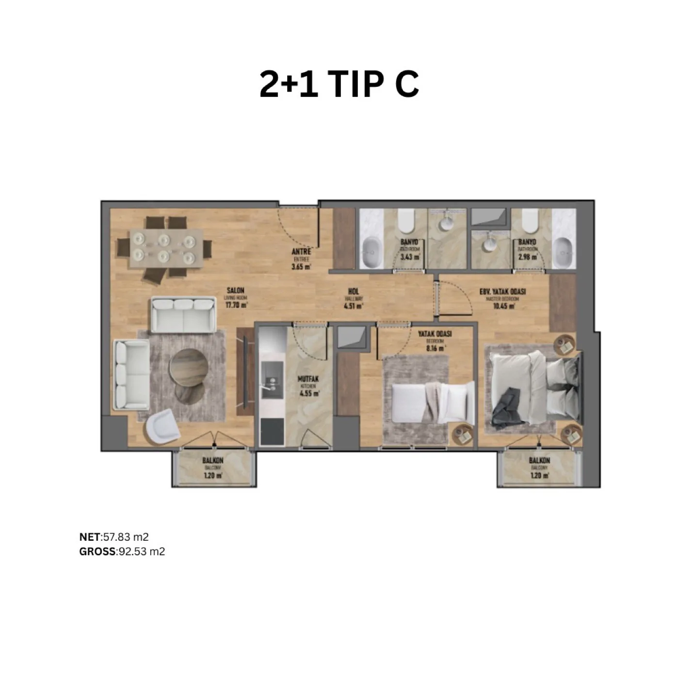 فكرتبه، كاديكوي — شقق من 1+1 إلى 3+1 — 2+1 نوع C