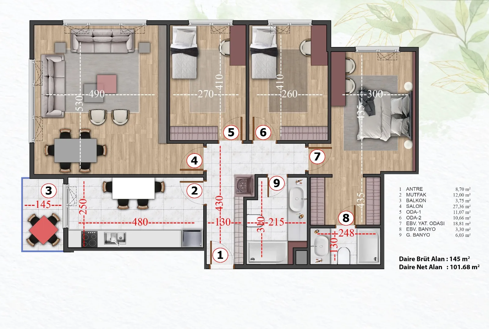 Gaziosmanpaşa 3+1 — 101 m² Net with Forest and City Views — 18