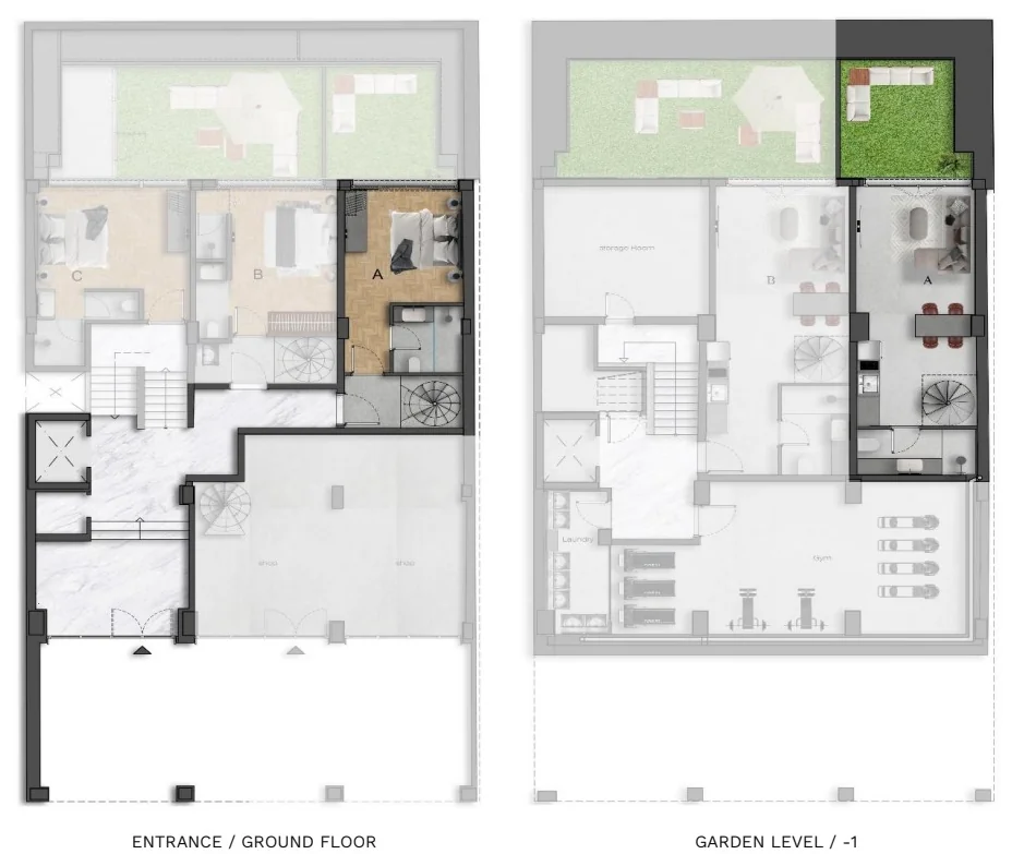 Keramikos, Athens — 1+1 Apartments and Penthouses a Short Walk from the Acropolis — Duplex A — 56.00 m² + 12.80 m² garden (ground & −1)
