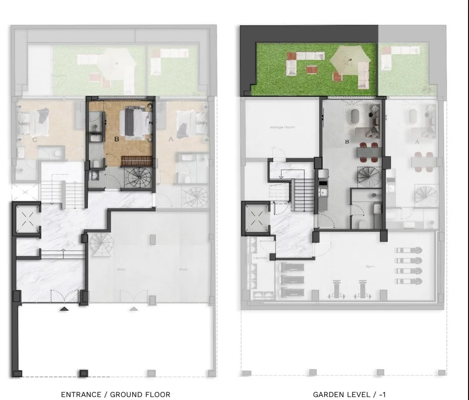 Keramikos, Athens — 1+1 Apartments and Penthouses a Short Walk from the Acropolis — Duplex B — 56.00 m² + 27.00 m² garden (ground & −1)